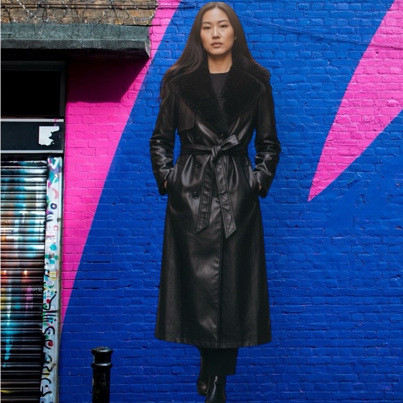 Vintage style SHEIN Black Faux Leather Long Trench Coat with Shearling Collar - Picture 14 of 17